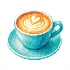 Watercolor Coffee Cup with Latte Art in Blue Mug