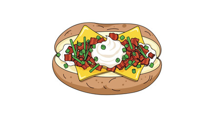 Illustration of loaded baked potato showcasing toppings such as cheese, bacon, chives, and sour cream for a delicious food concept