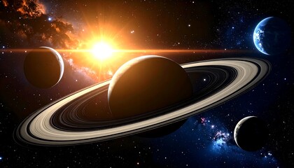 A celestial scene showcasing Saturn's rings, a bright sun, planets, nebula, and galaxies, against a dark expanse