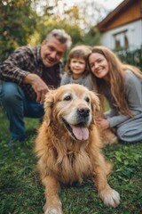 Happy family enjoys outdoor fun with golden retriever on a sunny afternoon in a green backyard