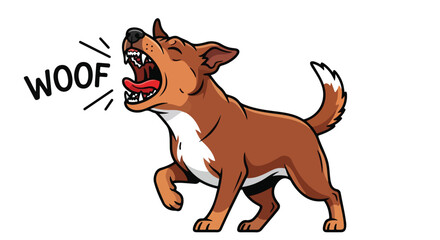 Cartoon dog barks loudly with mouth open, depicted through vector graphics with a visible 'WOOF' sound effect for illustrative purposes