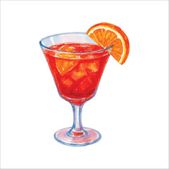 Watercolor red cocktail with orange slice in glass