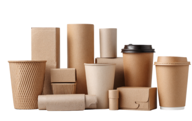 Assorted brown paper disposable food and drink containers
