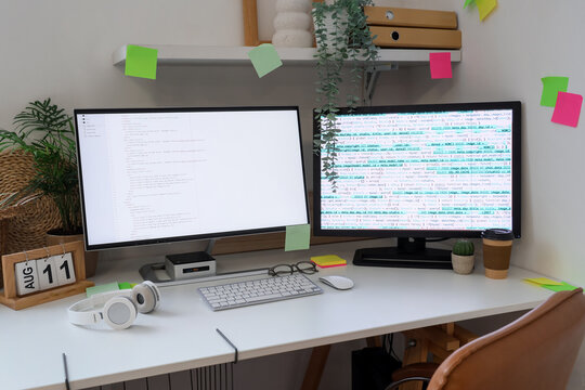 Programmer's desk with computer monitors, plants and sticky notes in office