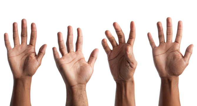Four diverse hands raised, palms facing forward