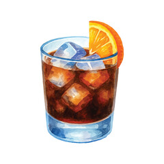 Watercolor Whiskey Cocktail with Ice Cubes and Orange Slice