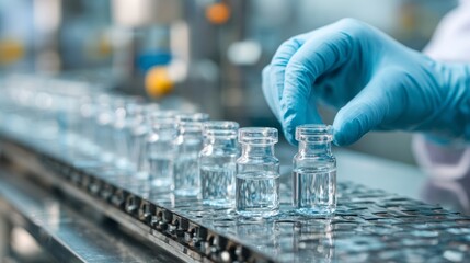 Laboratory worker handling glass vials during quality control process of pharmaceutical production in a sterile environment