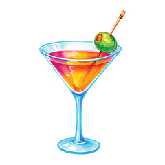 Watercolor Martini Cocktail with Olive in Glass