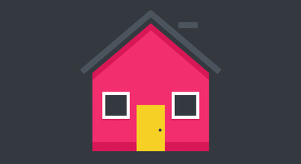 A stylized illustration of a simple pink house with a yellow door and windows against a dark background