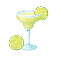 Watercolor Margarita Cocktail with Lime Slice