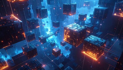 Fototapeta premium Futuristic Glowing Cubes Floating in a Quantum Dimension Landscape