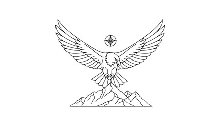 Obraz premium Eagle soaring above mountain peaks, guiding light illuminating journey, symbolic representation of freedom and adventure cresting majestic heights