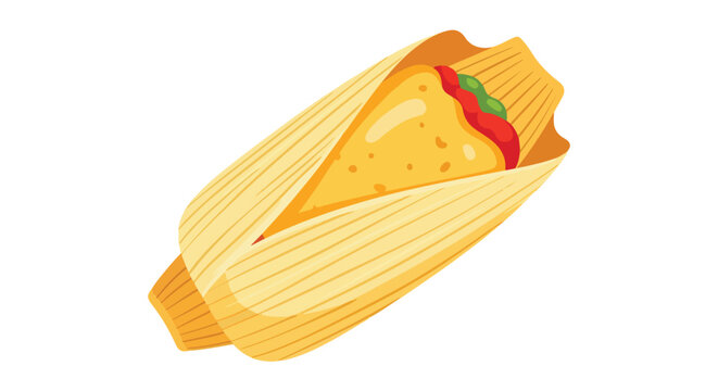 Vibrant illustration displaying a delightful tamale with savory filling in its corn husk wrap on a white background offering a sense of culinary