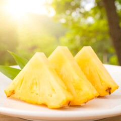 Fresh pineapple slices on a plate, out of focus background
