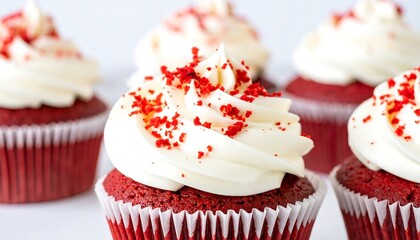 Close-up of red velvet cupcakes with white frosting and sprinkles