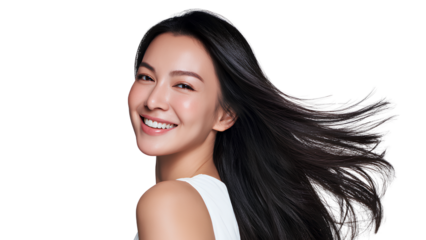 Beautiful Asian Woman with Flowing Hair and Bright Smile on Transparent Background