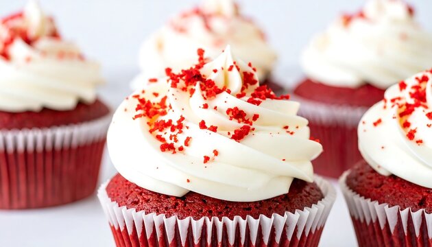 Close-up of red velvet cupcakes with white frosting and sprinkles