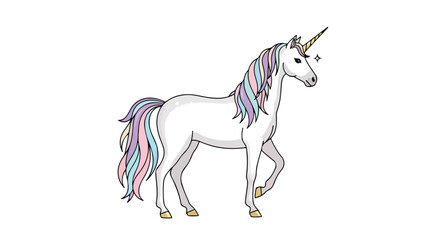 Illustration of a Mythical Unicorn with Pastel Colored Mane and Tail on White Background