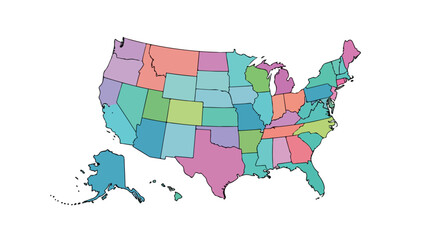 Vibrant colored silhouette of the united states map, showing each state isolated and differentiated in various saturated hues that create a