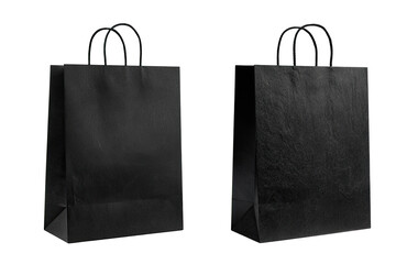 Two black paper shopping bags, slightly angled,  displaying a textured surface