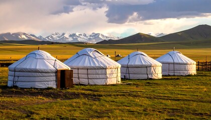 Yurts in a grassy valley at sunset
