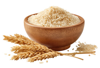 Wooden bowl filled with uncooked rice, alongside wheat sprigs