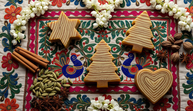 Flat lay of bebinca in festive shapes with Indian textiles