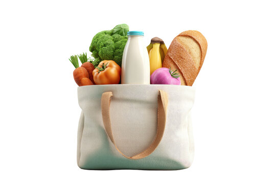 A white canvas tote bag filled with groceries. Fresh produce, dairy, and bread are nestled inside. Simple, clean design - Powered by Adobe