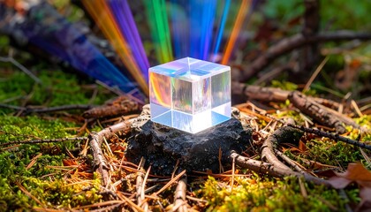 Crystal Cube Creating Rainbow Spectrum in Forest Setting