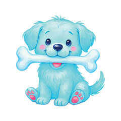 Cute Blue Watercolor Puppy with Bone Illustration