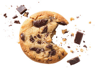 A bitten chocolate chip cookie, surrounded by scattered chocolate chips and cookie crumbles