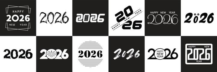 Creative 2026 Happy New Year logo styles, Big, Modern 2026 Happy New Year design set, Creative number shapes and celebration symbols, Vector design in black and white background