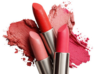 Close-up of three different shades of lipstick tubes.  Swatches of lipstick in various shades of red and pink are visible on a black background