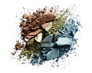 Crushed eyeshadow pigments in various shades of brown, taupe, teal, and green explode outward in a textured, abstract pattern against a black background