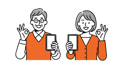 Happy senior couple holding phones showing OK gesture, conveying trust and satisfaction with technology.