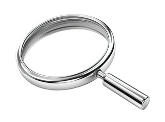 Metallic magnifying glass icon, 3D rendered.  A silver,  round lens with a cylindrical handle.  High-quality, realistic representation of a magnifying glass