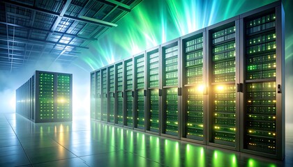Data Center Servers Running with Green Light Streaks