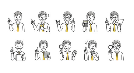 Experienced businessman enthusiastically explains ideas with gestures, calculator, and magnifying glass.