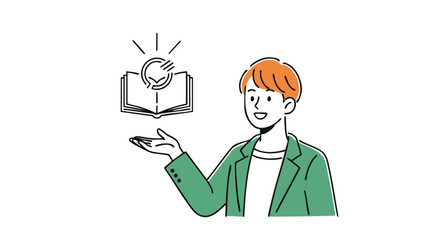 Enthusiastic person shares brilliant new idea from open book, sparking inspiration and innovation