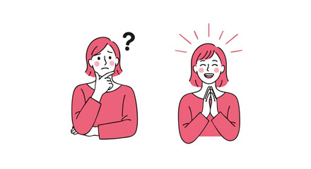 Confused woman transforming into joyful person showing clear decision and happiness