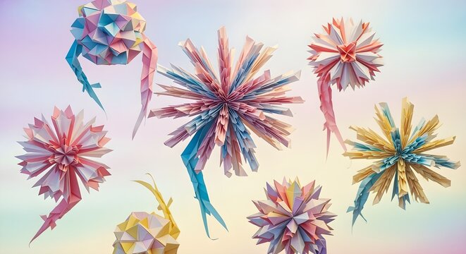 Origami Fireworks Paper fireworks unfolding mid-air into 3D shapes, pastel color palette. - Powered by Adobe
