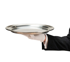 A hand in a white glove holds a polished, round silver platter