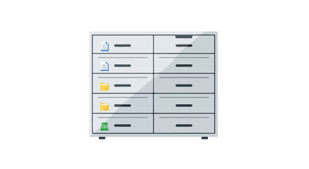 Depiction of a metal filing cabinet with multiple drawers containing files, folders and visual organization markers