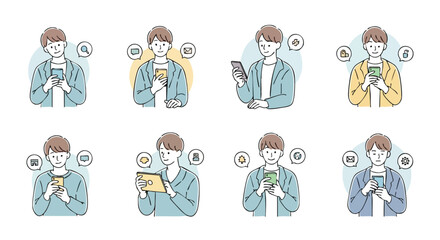 Man interacting with smartphone showing diverse digital communication and app usage icons