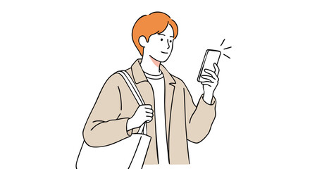 Young man happily checking smartphone notifications while carrying a tote bag, modern lifestyle communication