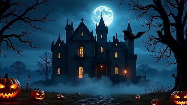 Halloween night scene with pumpkin and haunted castle under moonlit sky with bats and spooky trees illustration