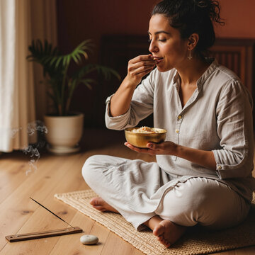  Ayurveda. Mindful Eating. A person sitting cross-legged on the floor, eating a simple, warm bowl of kitchari from a brass bowl with their hands. 