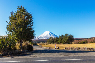 A stunning view of Mount Ngauruhoe, the snow-capped volcanic peak in Tongariro National Park, New Zealand