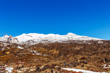 Mount Ruapehu, New Zealand&rsquo;s largest active volcano, stands snow-capped above the rocky alpine terrain at Whakapapa under a clear blue sky