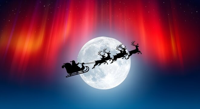 Santa's Sleigh Silhouette Dramatic silhouette against full moon with glowing red aurora. - Powered by Adobe